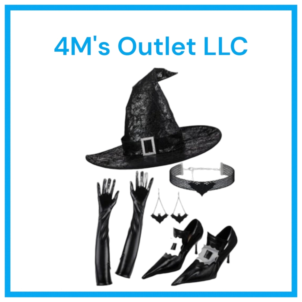 Hillban 5 Pcs Halloween Witch Costume for Women, Black Pointed Ruched Witch Hat